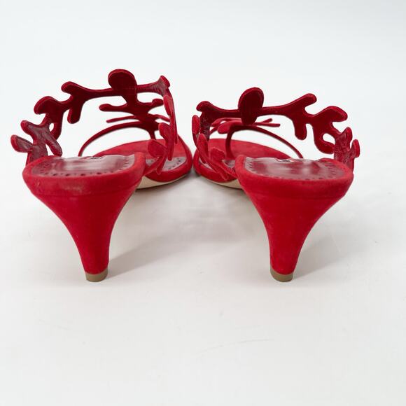 Manolo Blahnik Hidrag 50 Red Suede Leaf Thongs Mule Kitten Heel Sandals IT 36 - Picture 9 of 12